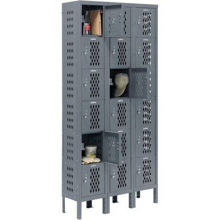 GLOBAL INDUSTRIAL Heavy Duty Ventilated Steel Locker, Six Tier, 3-Wide, 12x15x12, Unassembled, Gray 493156GY